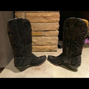 Corral Black Goat Lace Inlay Leather Women’s Tall Western Boot 8.5M